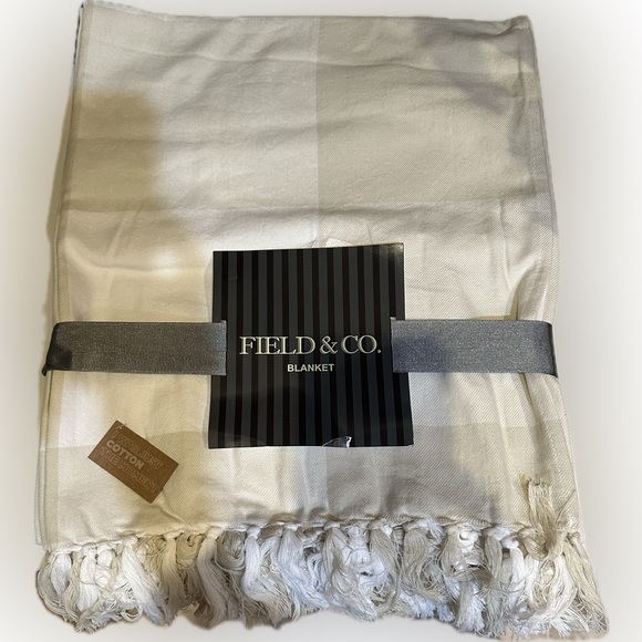FIELD & CO IVORY PLAID HP LOGO 100% ORGANIC COTTON LIGHT BLANKET 60”x 70” THROW - Picture 4 of 10